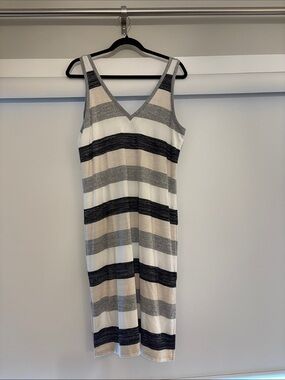 GAP Striped V-Neck Tank Dress in White, Gray, Black, and Tan